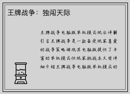 王牌战争：独闯天际